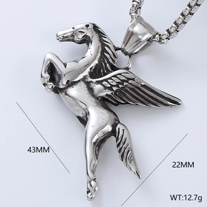 Detailed product dimensions for the stainless steel pegasus pendant: 43mm height and 12.7g weight