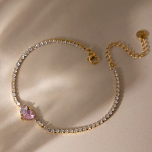 Classic 18K gold-plated S925 silver tennis bracelet with zircon heart and pear pendants