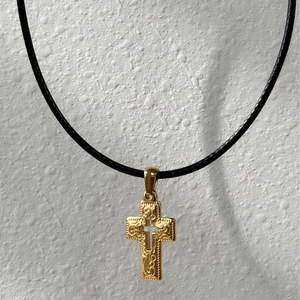 18k gold plated stainless steel cross pendant with vintage texture on black leather cord