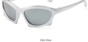 Side view detail of Y2K silver steampunk sunglasses with matte metallic frames