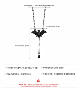 Detailed specs of gothic bat necklace with black teardrop pendant and sizing info