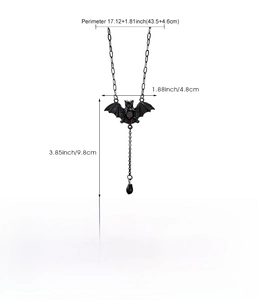 Detailed specs of gothic bat necklace with black teardrop pendant and sizing info