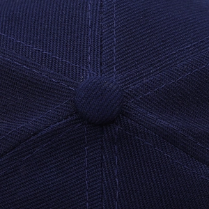 Macro detail of navy blue twill tactical cap crown with reinforced stitching and top button