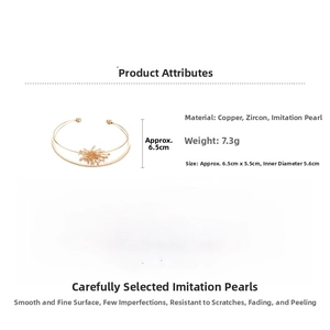 Detail view of gold zircon pearl cuff bracelet showing dimensions of 6.5cm by 5.5cm