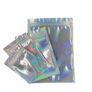 Holographic laser resealable zip lock jewelry bags in four sizes on white background