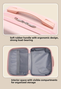 Detailed view of pink travel case featuring ergonomic soft handle and mesh interior compartments