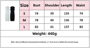 Size chart for sleeveless maxi dress showing bust, waist, and length measurements in cm