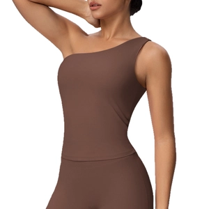Women's dark brown one-shoulder sports bra made of high-elasticity matte fabric