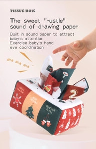 Baby plush tissue box toy with Christmas patterns and crinkle paper for sensory play