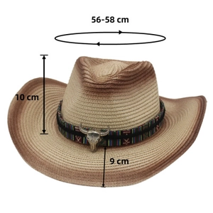 Tableau de tailles détaillé du chapeau de paille Western avec icône de crâne de taureau