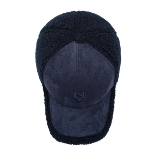 Winter baseball cap in navy blue suede and fleece patchwork with embroidery