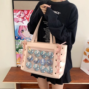 Pink Japanese style Ita bag with transparent window and ribbon details for badges
