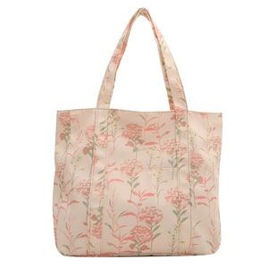 Pink canvas tote bag with floral botanical pattern and double shoulder straps on white background