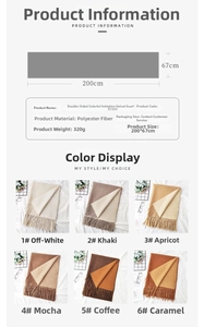 Detailed chart showing 200x67cm cashmere-feel scarf specifications and color options