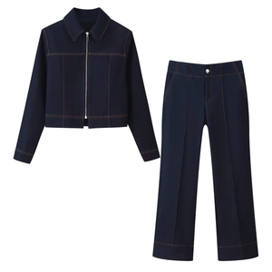 Veste À Fermeture Éclair Et Pantalon Droit Taille Haute Femme Polyester Bleu Foncé Streetwear Vêtements À Surpiqûres