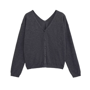 Women's street style dark grey V-neck knit cardigan sweater with buttons and long sleeves