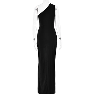 Rear view of sleek black one-shoulder slim fit maxi dress on mannequin backdrop