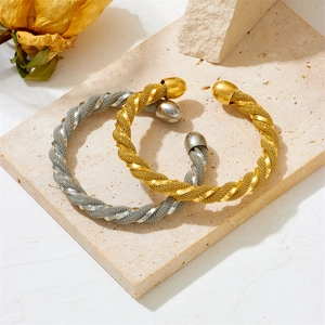 Titanium Steel C-Shaped Open Bangle Bracelet Spiral Braided Mesh Polished Round Ball End Adjustable For Women