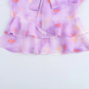 French style purple chiffon blouse with orange butterfly print and layered ruffles