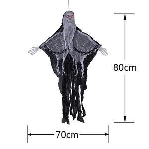 Halloween hanging skeleton ghost with glowing red eyes and metal chains, 70x80cm size details