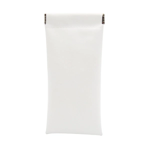 Detailed view of white faux leather storage pouch with spring leaf closure mechanism