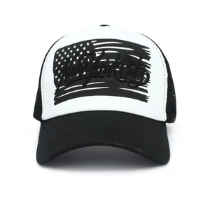 New York City embroidered trucker hat with American flag print and breathable mesh back