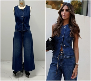 Detail of dark blue denim set featuring sleeveless vest and wide-leg pants on mannequin