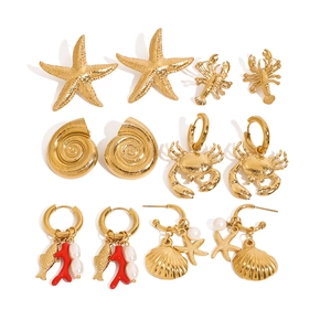 6-piece gold-plated stainless steel earring set with starfish and sea life charms