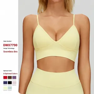 Women's Seamless Ribbed Sports Bra V-Neck Fixed Double Straps Quick Dry Padded Yoga Crop Top Fitness Workout Running Bra