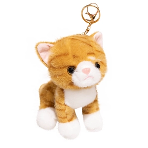 Cute orange and white striped plush cat keychain with golden metal ring and clasp