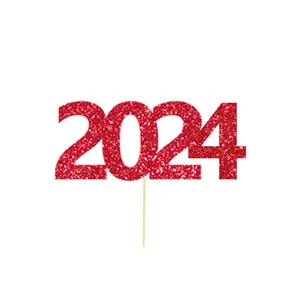 Funkelnder roter Glitzer-Kuchenaufsatz 2024 mit Holzstab für Geburtstagsdekorationen