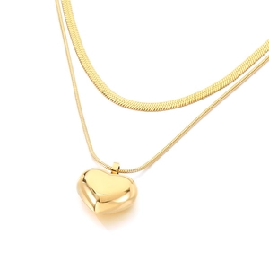 Double-layered gold stainless steel necklace with heart pendant and flat snake chain