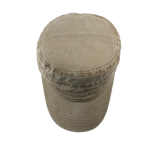 Detailed top view of a washed cotton khaki cadet cap with vintage military style