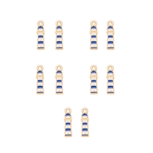 Set of 10 golden alloy lighthouse pendants with blue and white enamel for DIY jewelry