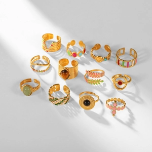 Set di 12 anelli vintage in acciaio inossidabile placcato oro 18k con pietre e smalto