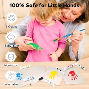 Close-up of 6-color non-toxic acrylic paint tubes for family handprint photo frames