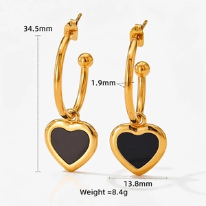 French vintage stainless steel heart hoop earrings with black enamel and gold finish