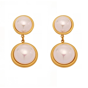 Elegant gold-tone stainless steel drop earrings with double circular colorful pearl charms