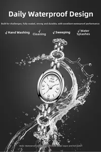 Detail of silver oval quartz watch showing water resistance with splashing droplets