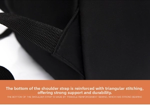Detail of triangular reinforced stitching on backpack straps for extra durability