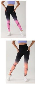 Close-up of seamless high-waist yoga pants with tie-dye gradient and marble print texture