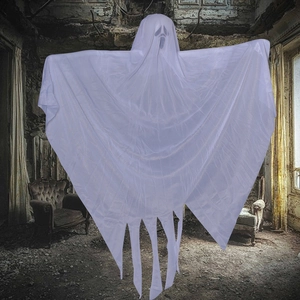 Hanging white ghost Halloween decoration with creepy face in a haunted house setting