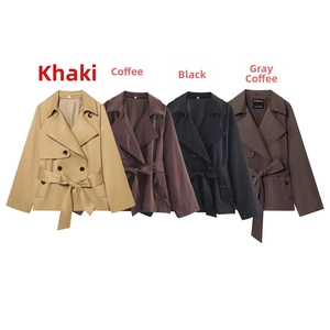 Short double-breasted trench coats for women shown in khaki, brown, black, and grey