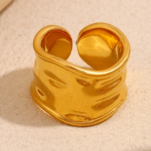 Fashion INS Irregular Hammered Texture Wide Band Adjustable Open Ring 18K Gold Plated Stainless Steel For Women