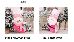 Pink 30cm Christmas stockings featuring 3D Santa and snowman plush doll decorations