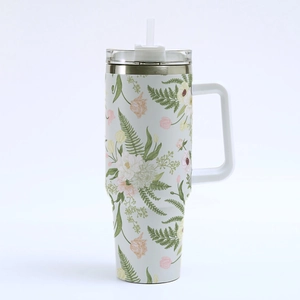 40oz stainless steel tumbler with vintage 3D floral print and transparent straw