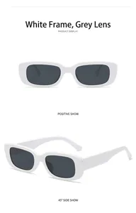 Front and side views of vintage white rectangle sunglasses with grey lenses and thick frames