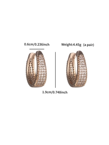 Detailed dimensions of rose gold hoop earrings with white zircon micro-pave setting