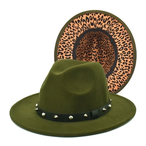 Dark green wide brim fedora with leopard print lining and studded leather band