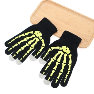 Knit touchscreen gloves with yellow luminous skeleton pattern and gray fingertips